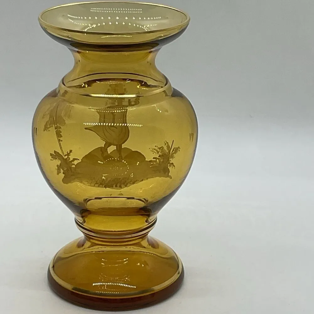 Vintage Mary Gregory Amber Glass Vase with Girl and Butterfly